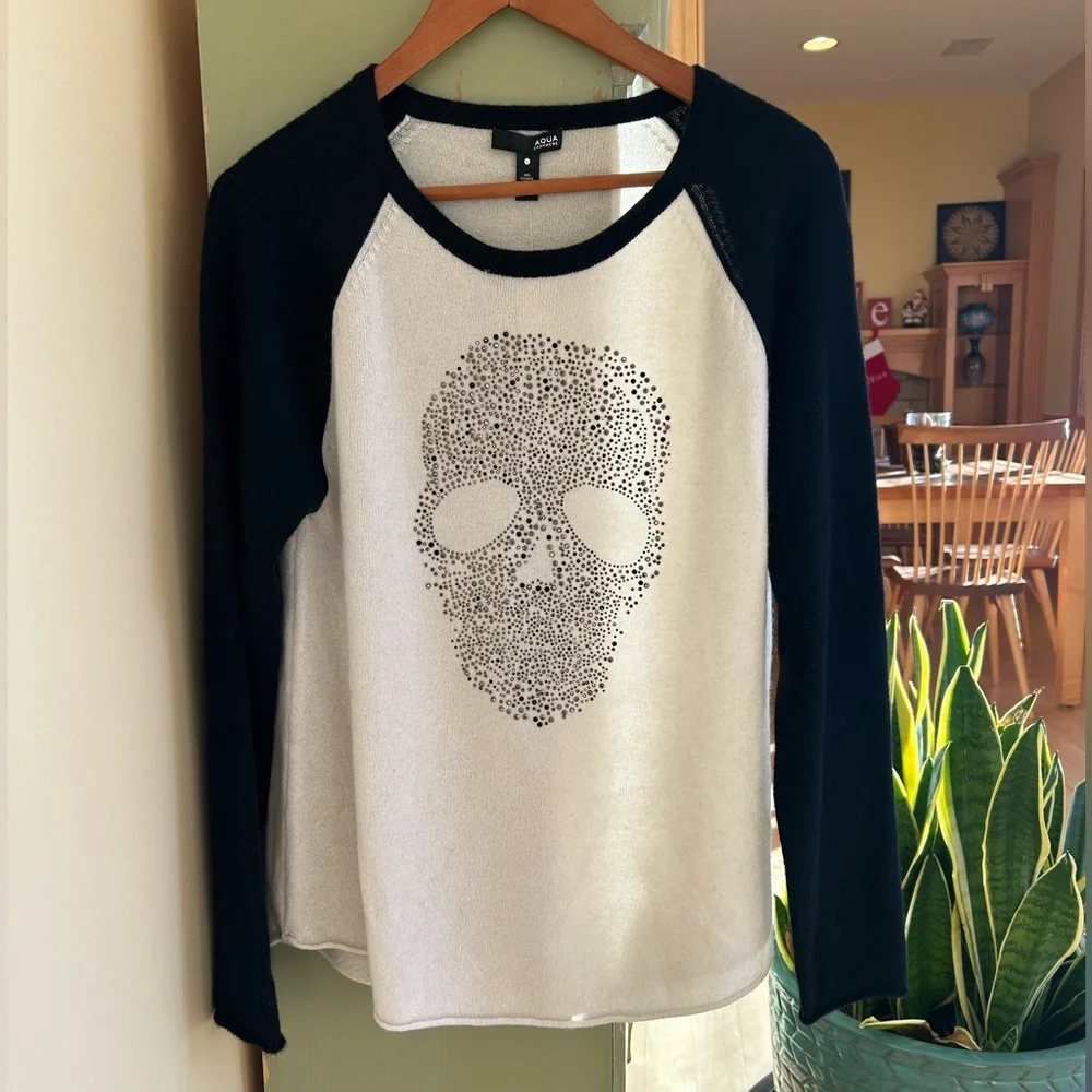 Aqua 100% Cashmere Embellished Skull Cashmere Baseball Style Sweater Large NWT